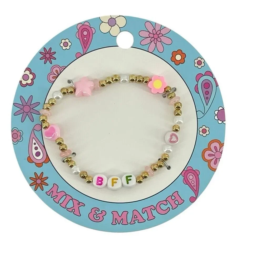 BFF Beaded Friendship Bracelet Gold Tone Pink Heart Flower Girls Women Gift